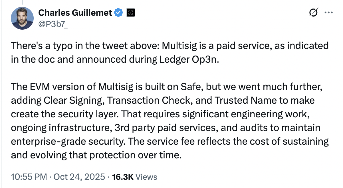 Ledger ra mắt multisig mới nhưng bị chỉ trích vì phí quá cao 4 Screenshot at Oct 25 16 08 14