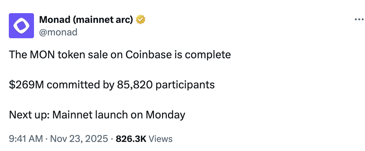 Monad ra mắt mainnet với 50.6% MON bị khóa 4 Screenshot at Nov 24 23 27 13