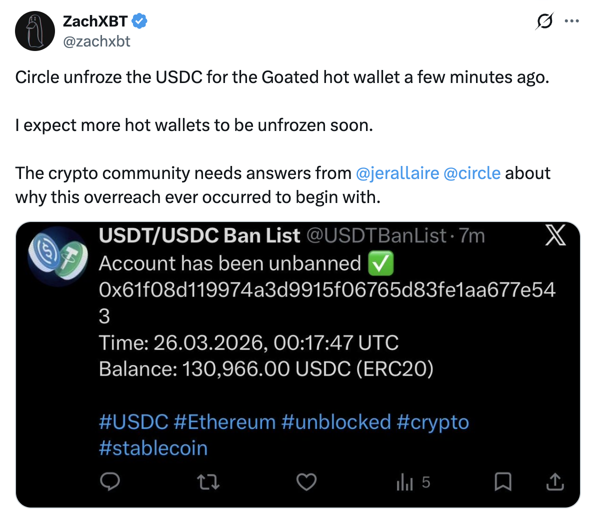 Circle bỏ blacklist 1/16 ví USDC sau làn sóng phản ứng dữ dội 4 Screenshot at Mar 26 10 42 35